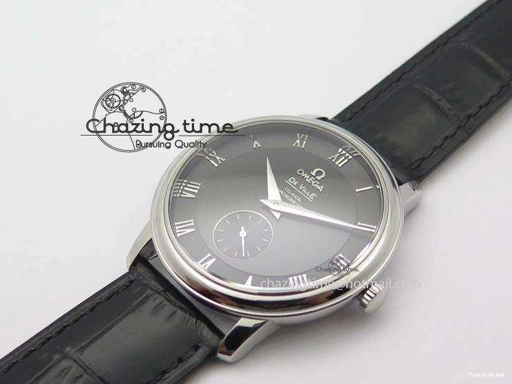 0212 De Ville MK 1:1 Best Edition SS Black Dial On Black Leather Asian Seagull T1701 (Sec@6) Unisex 8243